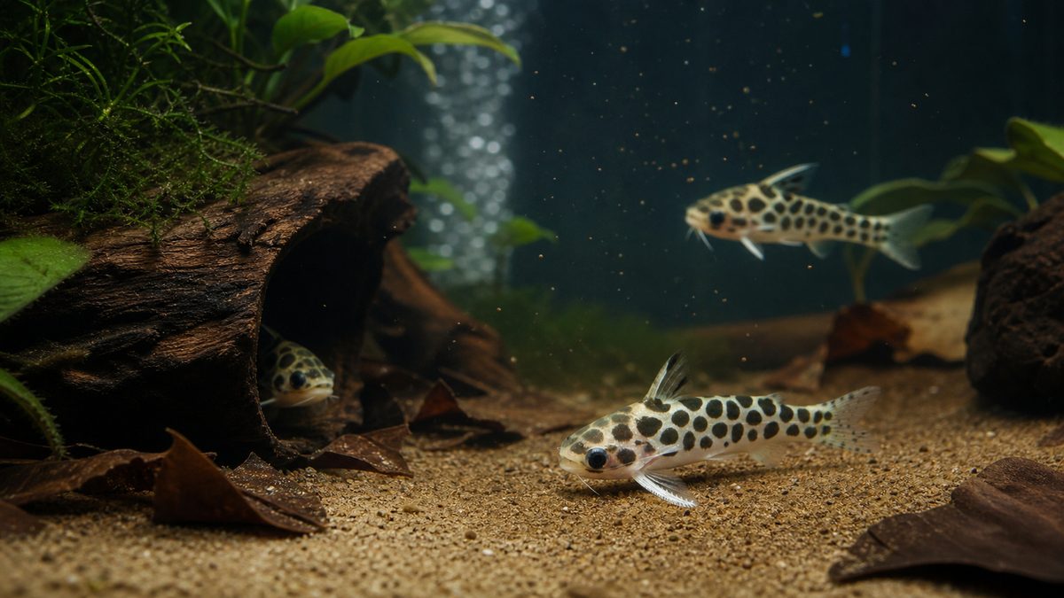 流木の隠れ家で穏やかに暮らすレオパードタティアの群れ