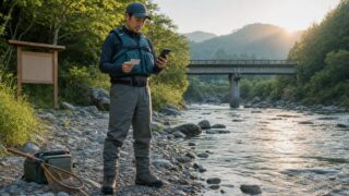川釣り前に河川区間の地図と遊漁券を確認する釣り人