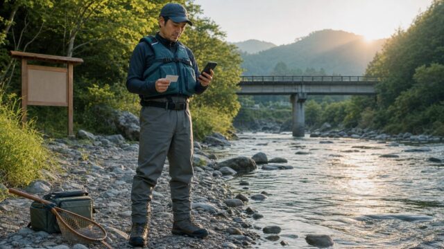 川釣り前に河川区間の地図と遊漁券を確認する釣り人