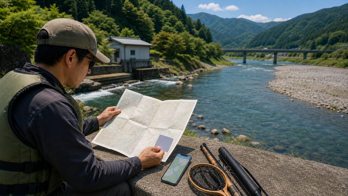 釣る川の区間と採捕方法を照合して遊漁券の要否を確認する様子