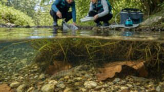 浅い川の水中にいるスジエビとヌマエビを安全装備の二人が岸から観察する様子
