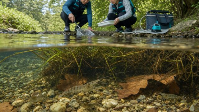 浅い川の水中にいるスジエビとヌマエビを安全装備の二人が岸から観察する様子