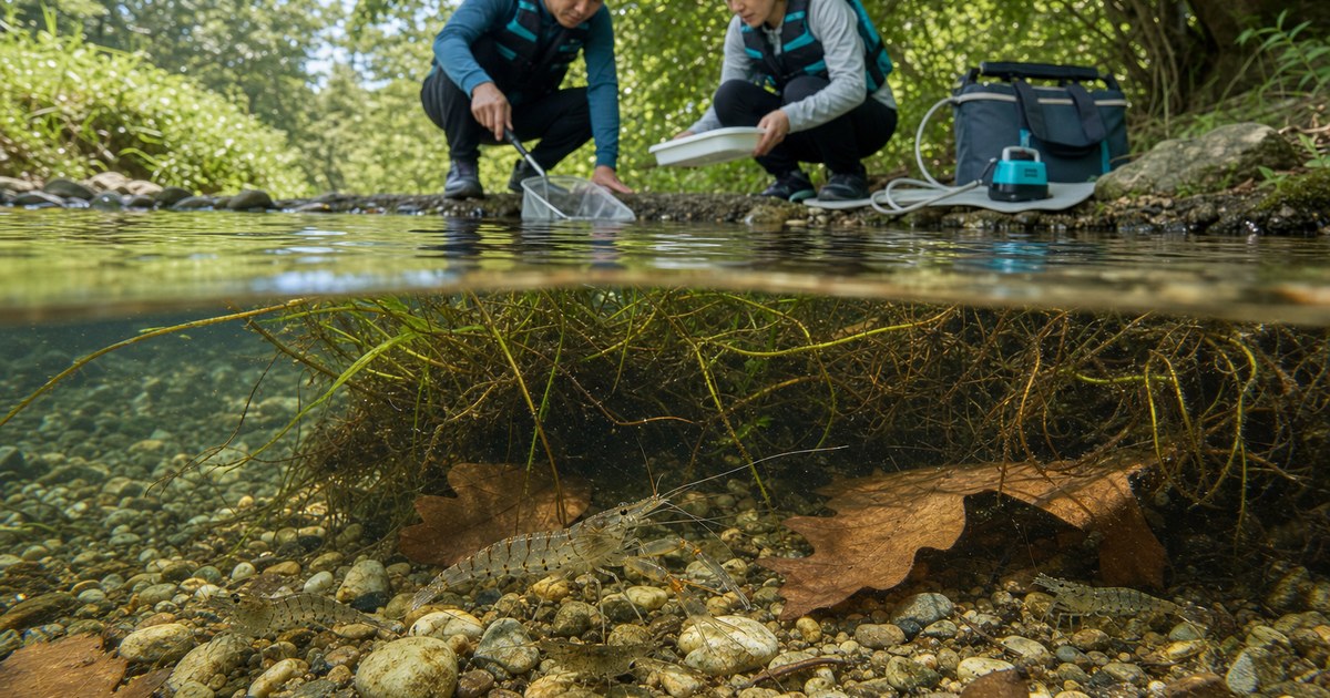 浅い川の水中にいるスジエビとヌマエビを安全装備の二人が岸から観察する様子