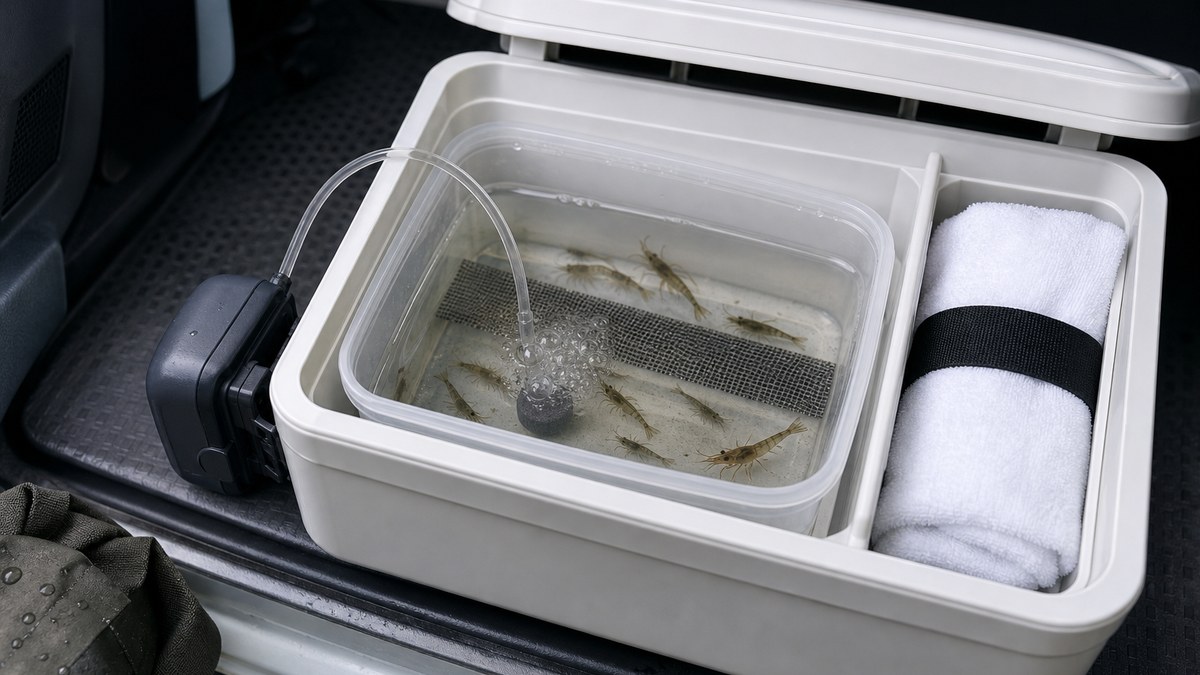少数の川エビを入れた内容器へ電池式ポンプで曝気する日陰の断熱運搬容器