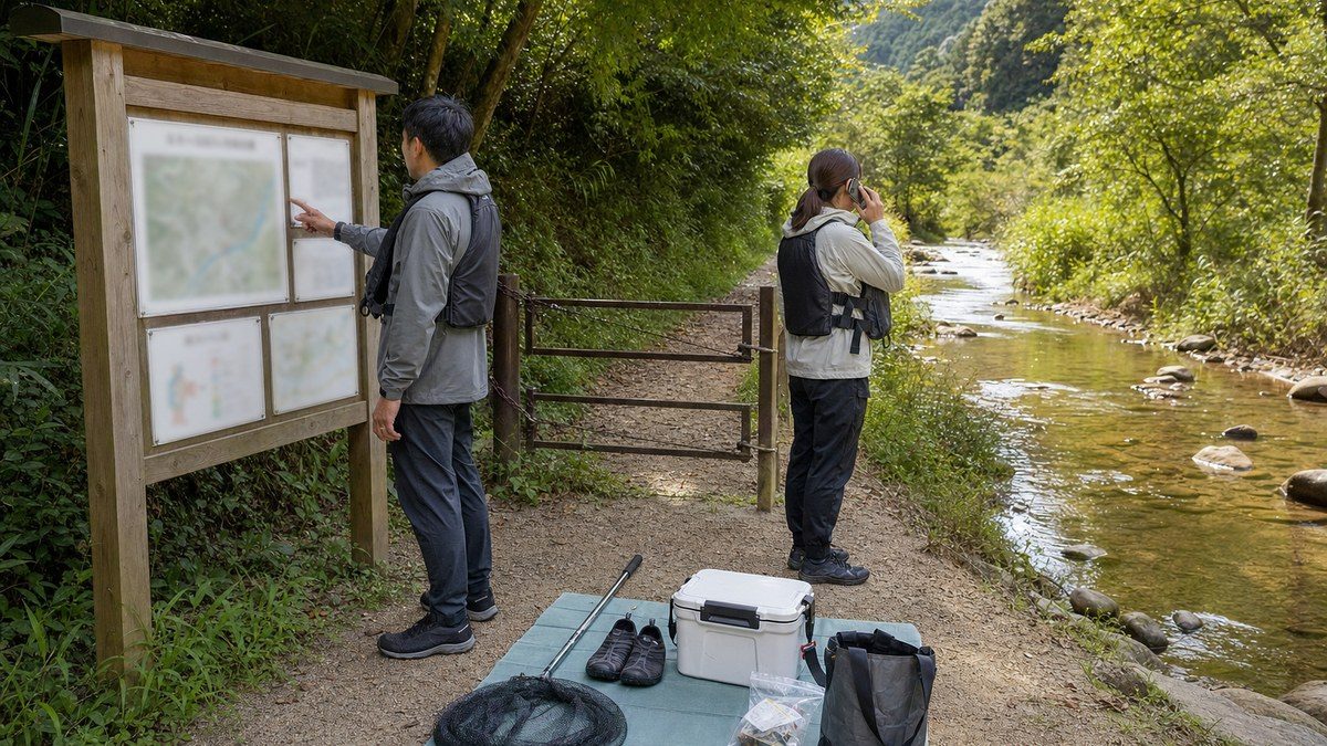 川の案内板を確認し関係窓口へ電話する二人と閉じた立入制限ゲート