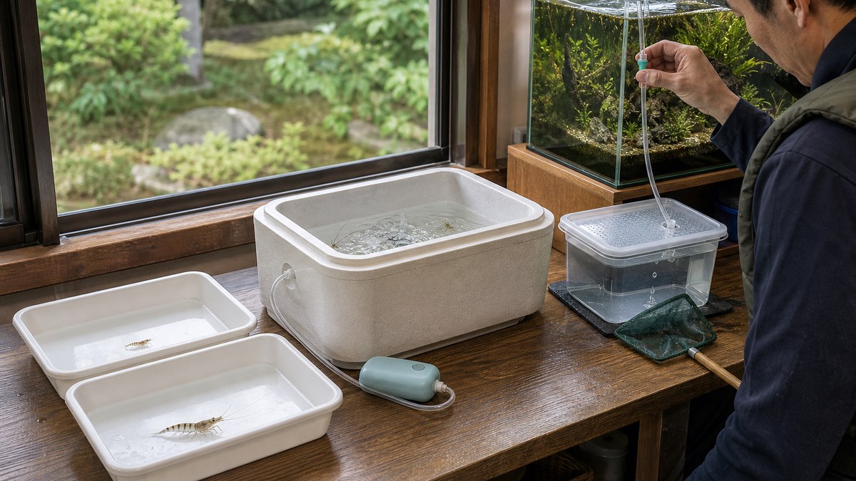 種類別トレー・曝気運搬容器・隔離水槽への点滴を一つの作業台で確認する様子