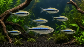 瑠璃色の青帯と太い黒帯を持つラピステトラ7匹が水草水槽を群泳する様子