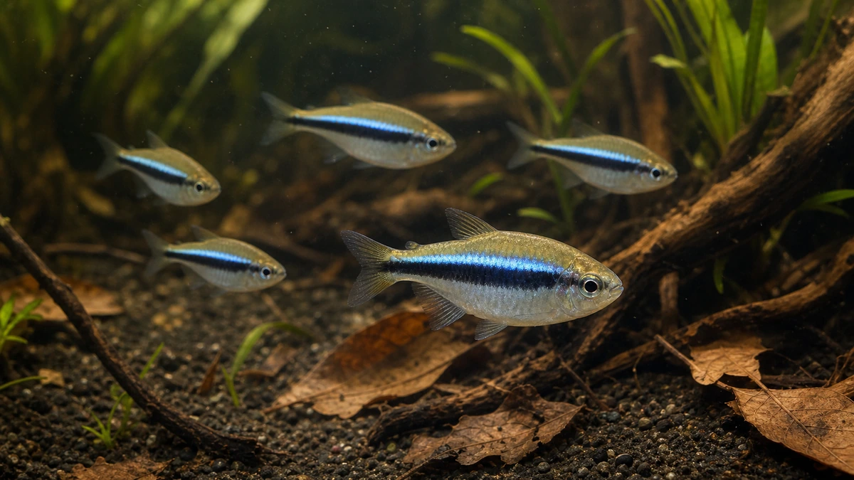 落ち葉と流木の水槽で前景のラピステトラと4匹の群れが泳ぐ様子