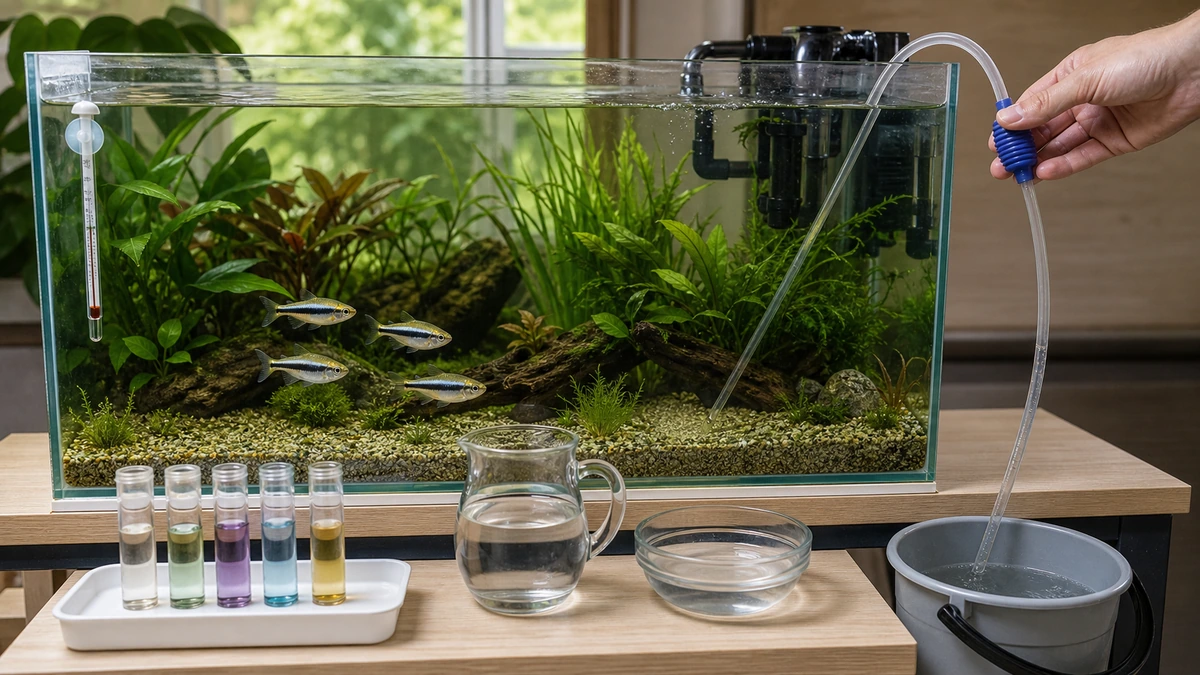 ラピステトラ水槽で水質試験と温度確認とサイフォンによる部分換水を行う様子