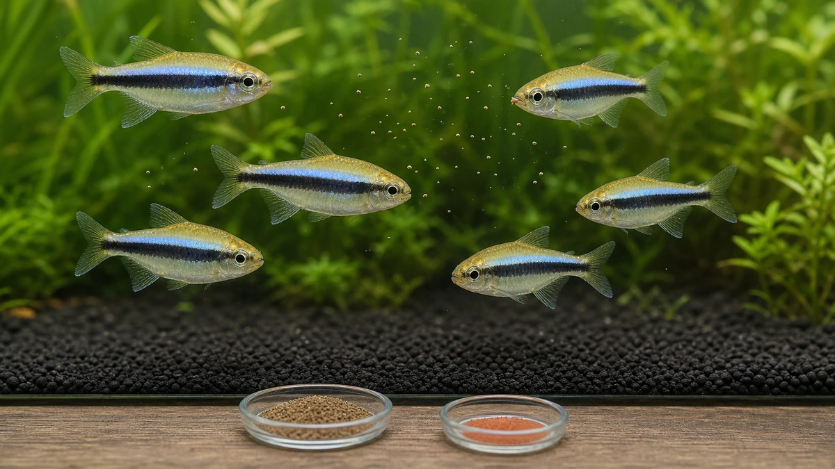 ラピステトラ6匹が少量の微粒餌を食べる水槽と2種類の細かな補助餌