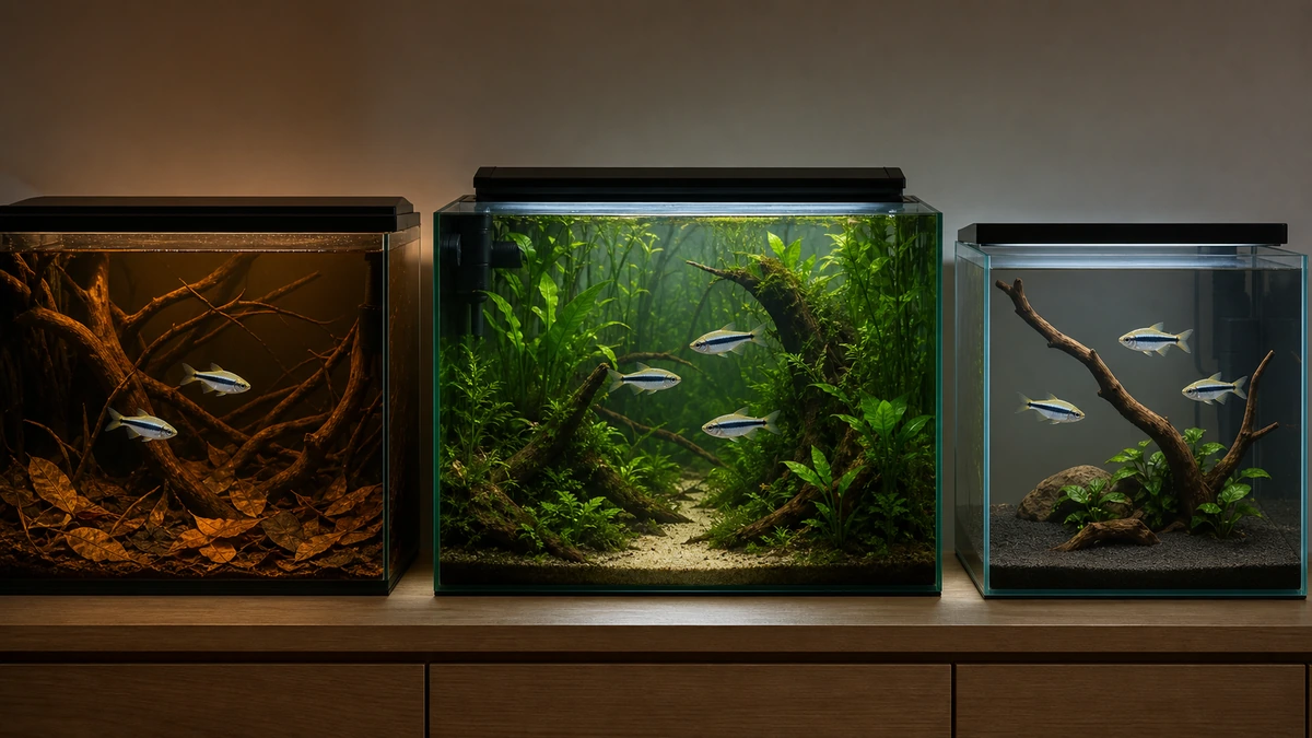 ブラックウォーターと水草密植とミニマルのラピステトラ水槽3種類を並べた様子