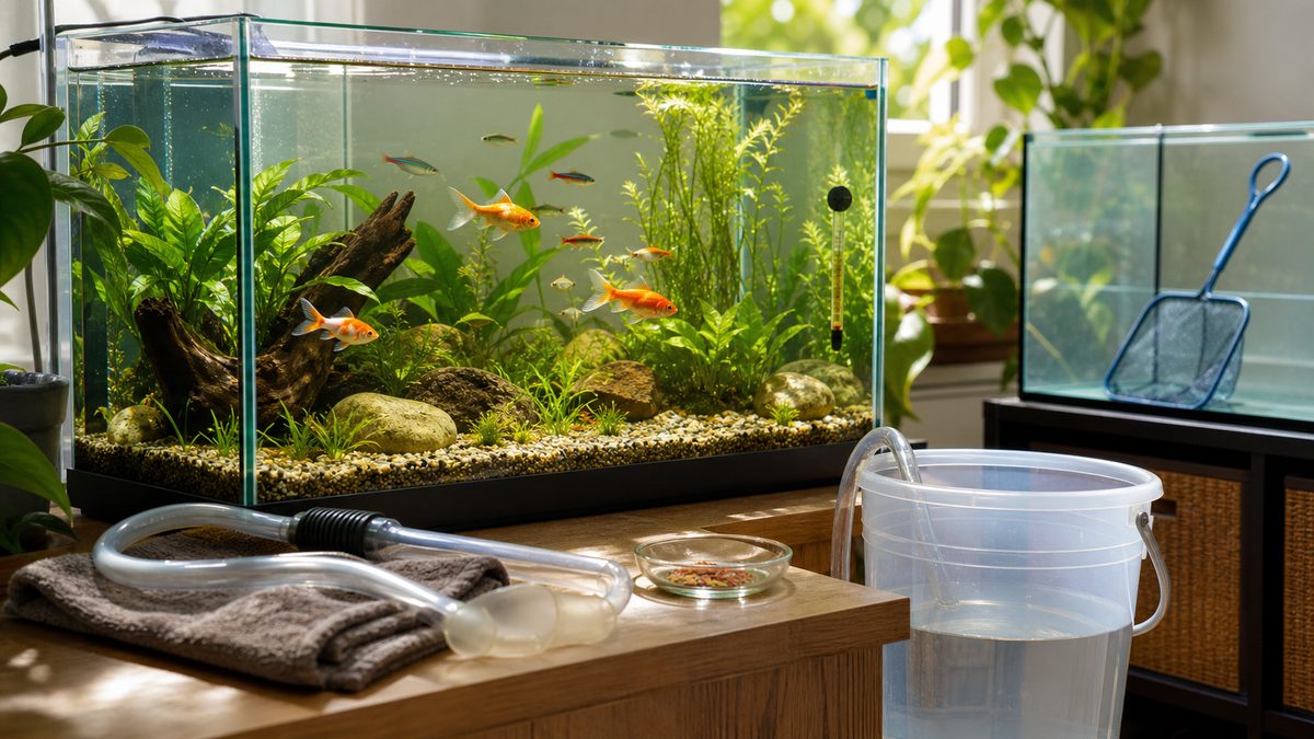 部分水換え・少量給餌・温度確認・隔離準備を整えた健康な淡水魚水槽
