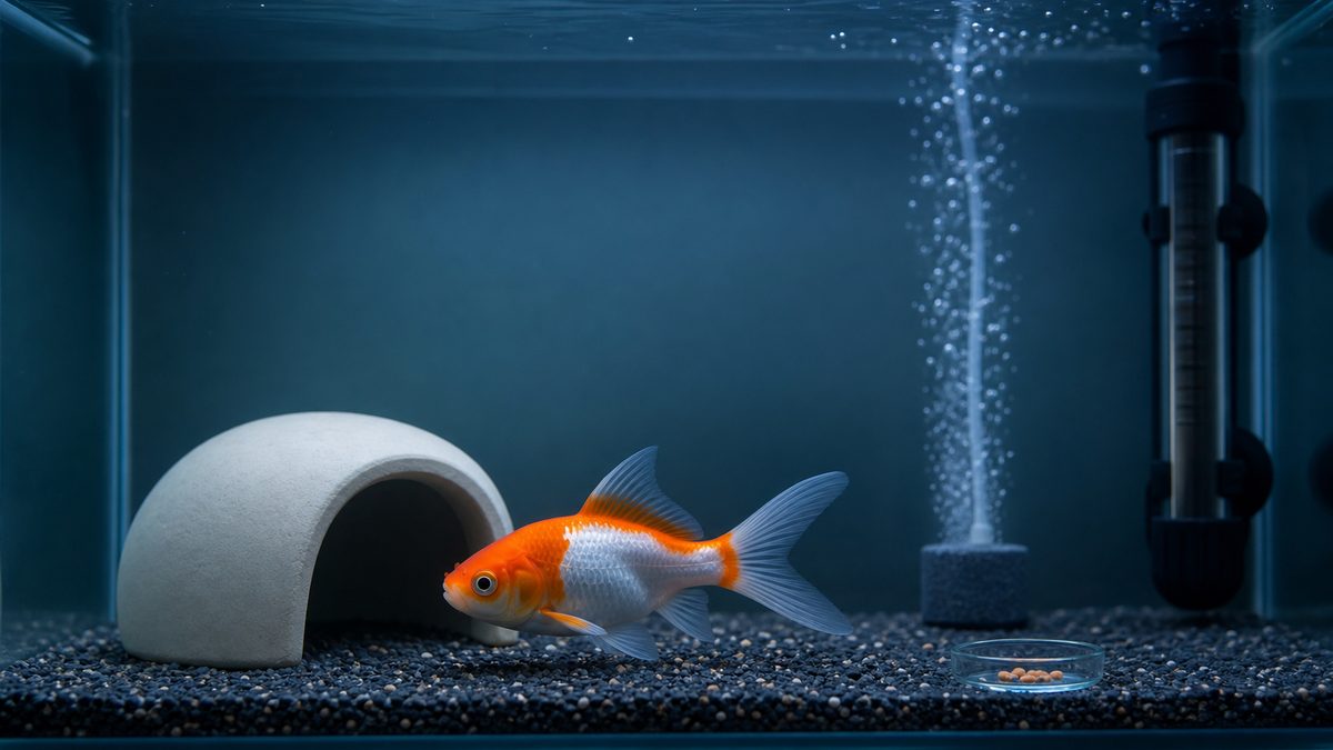 弱い照明・穏やかなエアレーション・隠れ家を備えた金魚の養生水槽