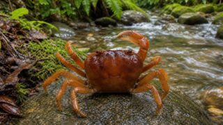 苔むした石の上に立つ褐色のサワガニと清らかな山間の沢