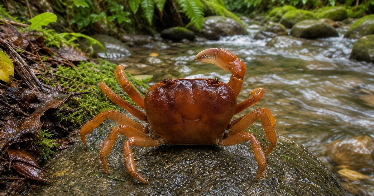 苔むした石の上に立つ褐色のサワガニと清らかな山間の沢