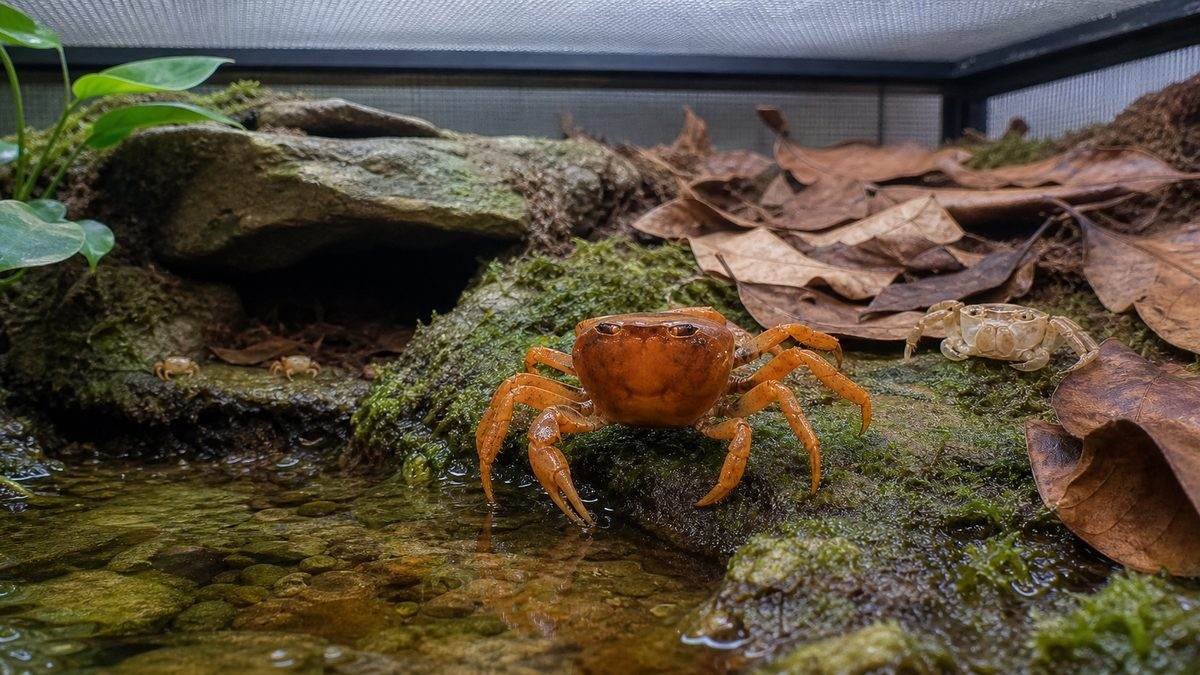 水場と陸地を行き来するサワガニと隠れ家、落ち葉、脱皮殻、稚ガニ