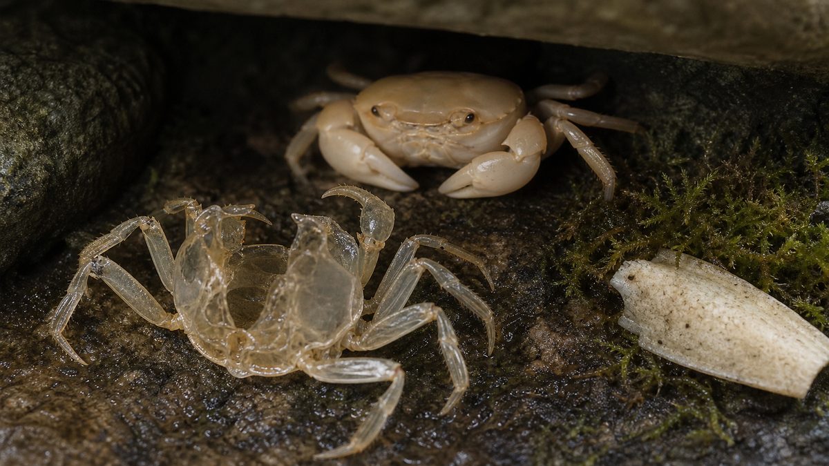 石の隠れ家で休む脱皮直後の淡いサワガニと手前に残る空の脱皮殻