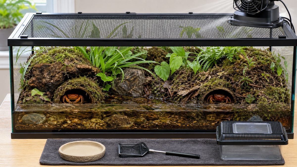 網蓋と冷却ファン、複数の隠れ家、隔離容器を備え魚を入れないサワガニ水槽
