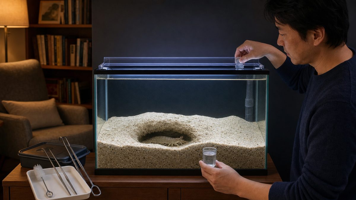 暗い背面・確実なふた・巣穴・水質確認・長い道具を整えたシャコ水槽
