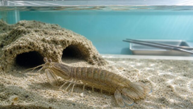砂泥の巣穴から姿を見せる日本のシャコと単独飼育水槽