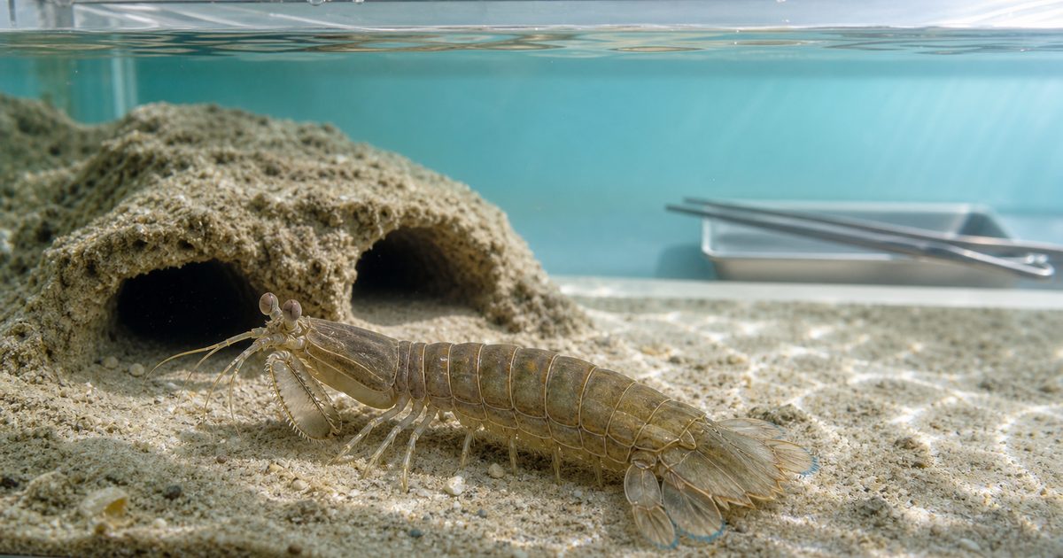 砂泥の巣穴から姿を見せる日本のシャコと単独飼育水槽