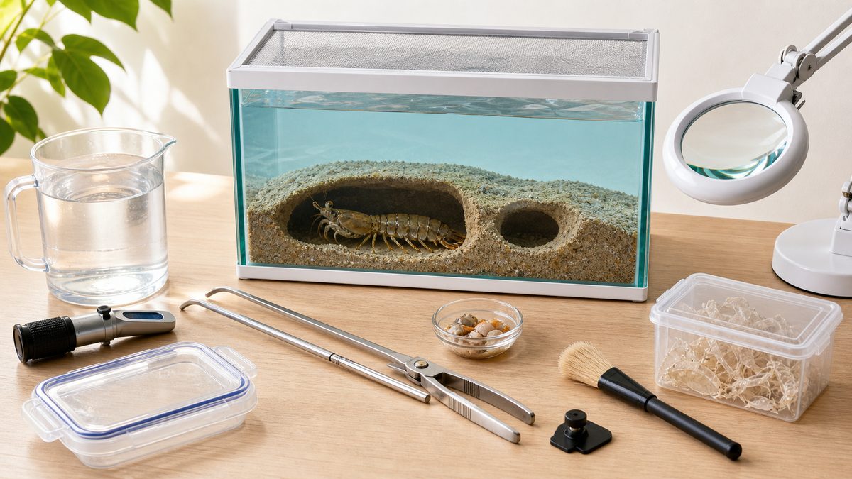 シャコ飼育水槽・海水試料・比重計・長い道具・ふた・脱皮殻の確認台