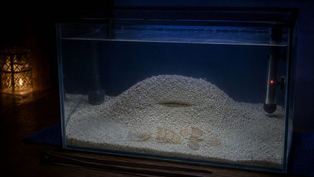 入口を砂で閉じたシャコの巣穴と水槽内に残る空の脱皮殻