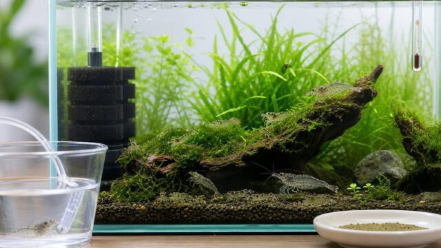 ミナミヌマエビとヤマトヌマエビの水槽立ち上げに必要な水草、スポンジフィルター、水合わせ道具をまとめたアイキャッチ画像