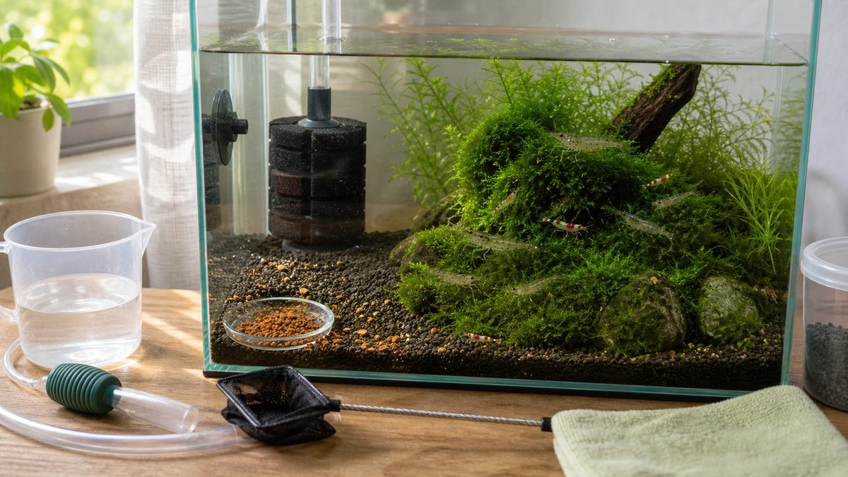 エビ水槽で初心者がやりがちな過剰給餌と管理不足を示す注意喚起画像