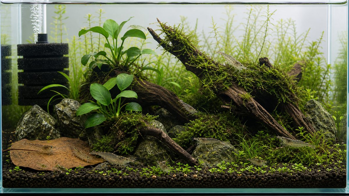 モス、流木、陰性水草で作ったエビ向け水槽レイアウト例の画像