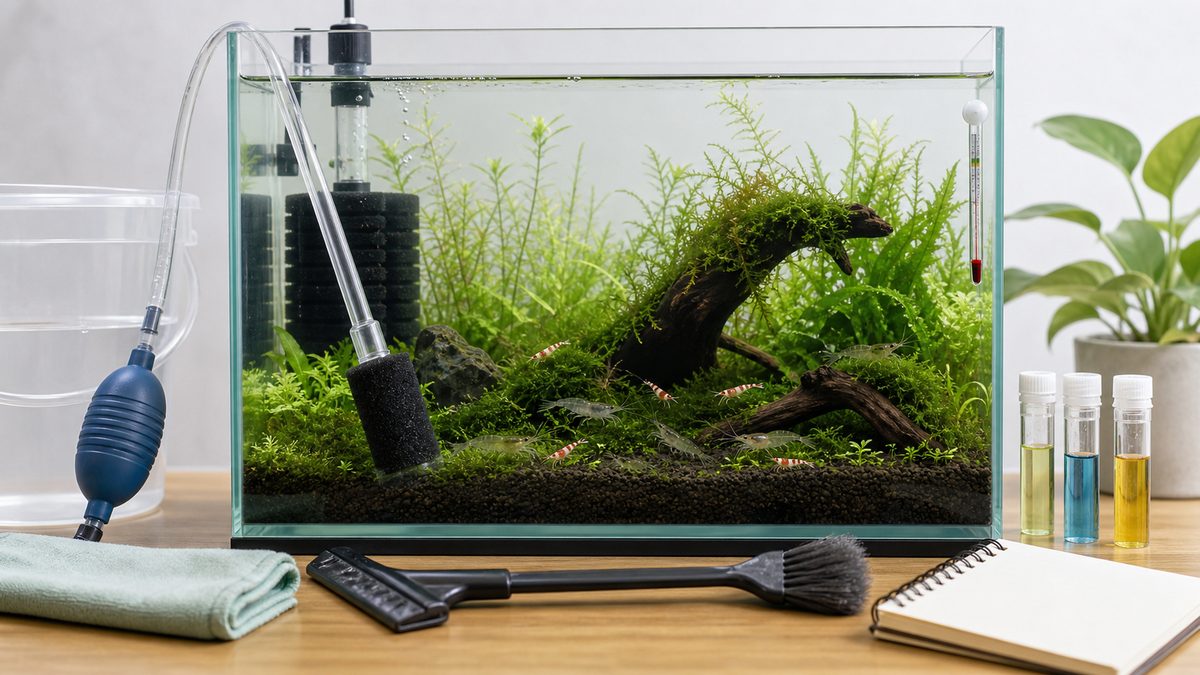 エビ水槽のサイフォン、検査道具、メンテナンスノートを並べた日常管理画像