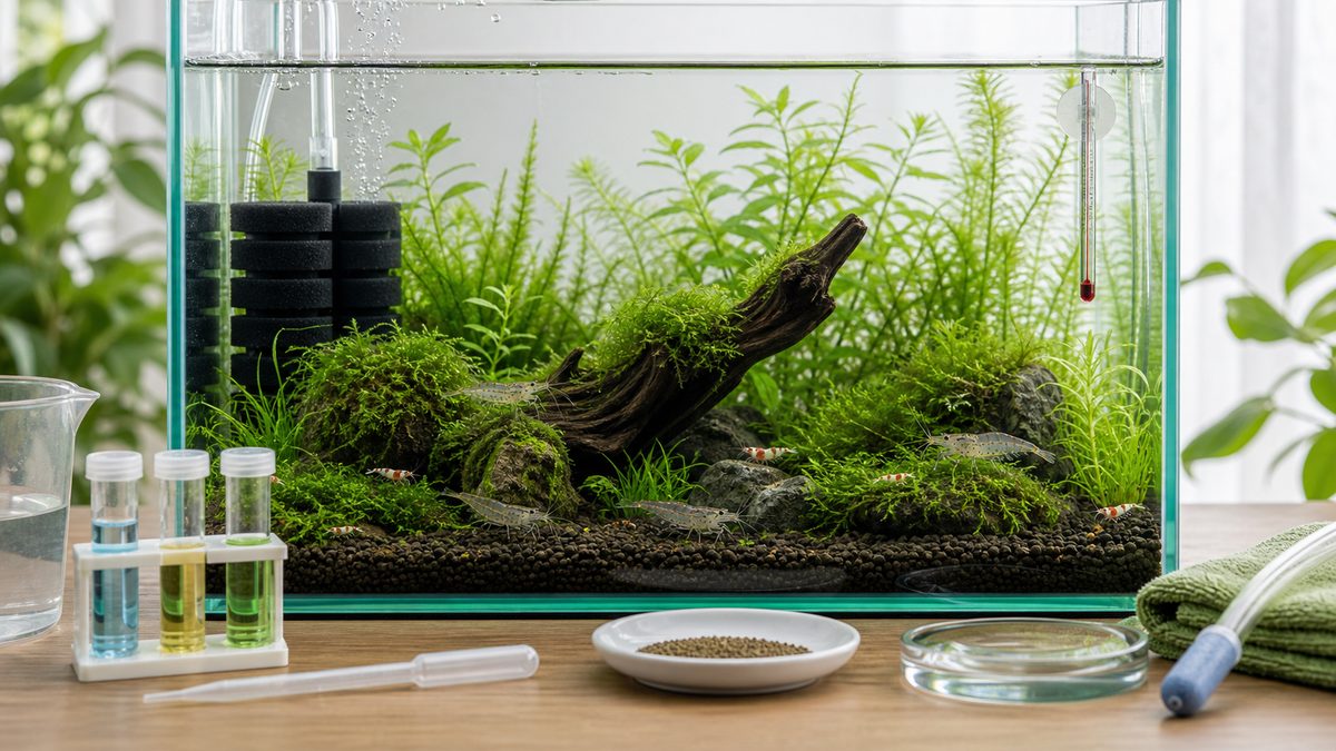 安定した水質、隠れ家、給餌管理を備えたエビ水槽成功のまとめ画像
