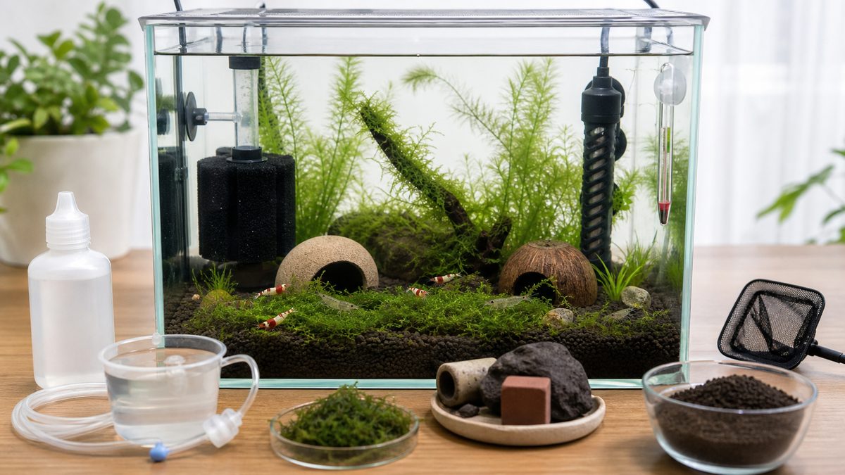 エビ水槽に必要なスポンジフィルター、ヒーター、底砂、水草を並べた機材準備画像