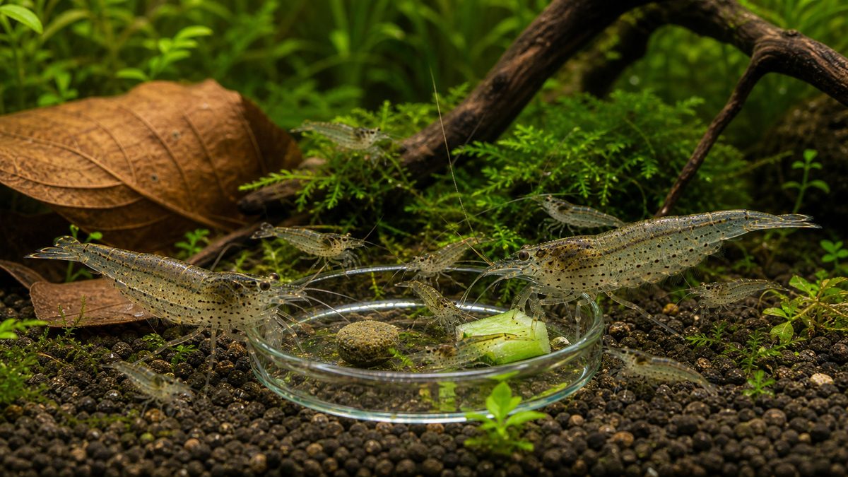 エビ用の少量餌と自然色のミナミヌマエビ、ヤマトヌマエビが餌場に集まる画像