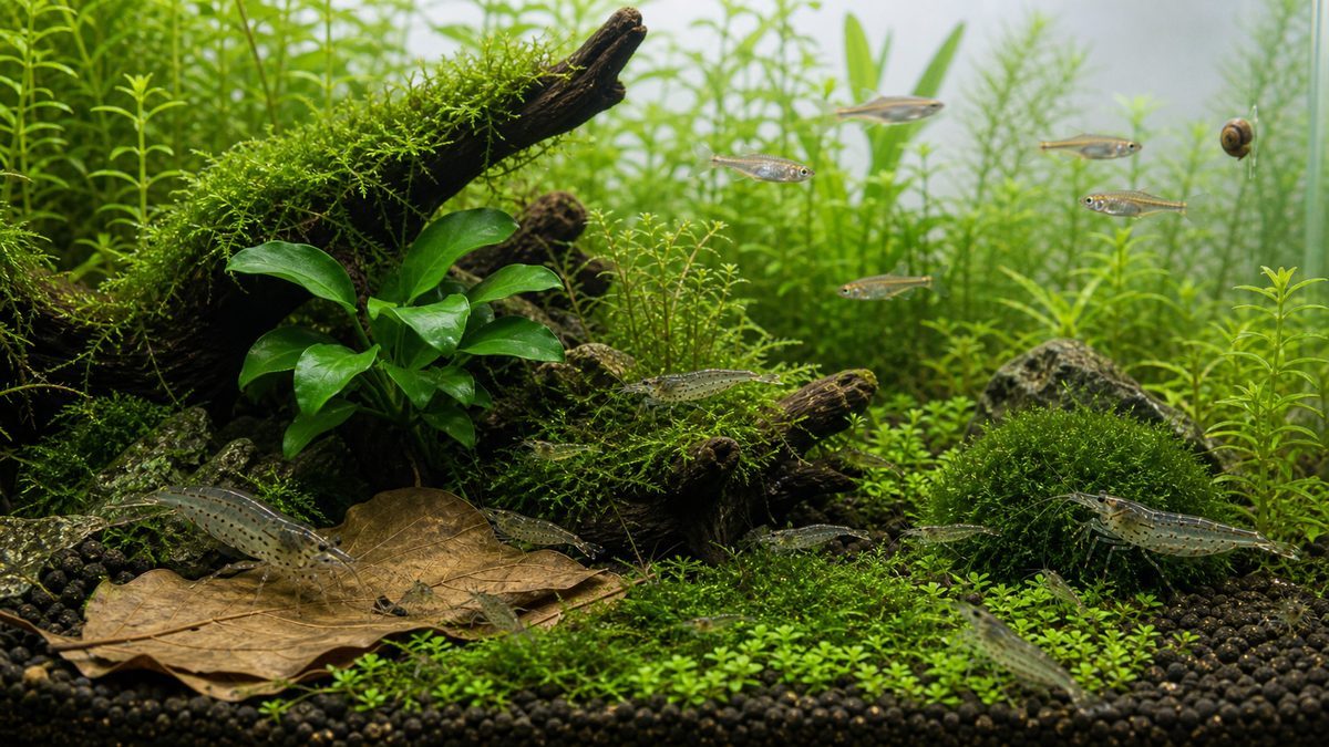 水草と隠れ家の多い水槽でエビと小型魚が安全に混泳する様子の画像