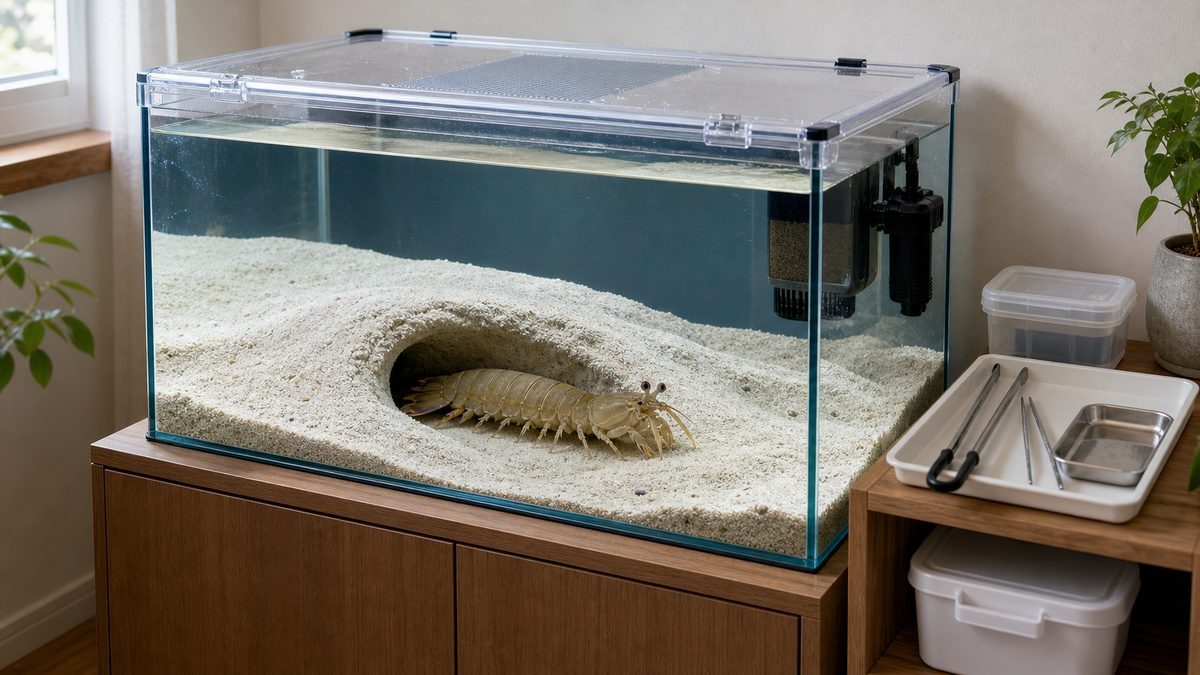 ふた・巣穴・長い道具を備えたシャコ一匹だけの海水水槽