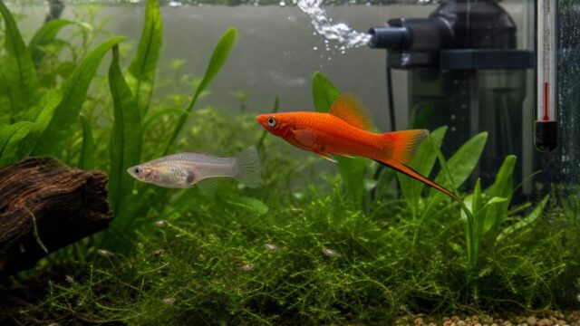剣状尾を持つソードテールが水草水槽で泳ぐ飼育ガイドのアイキャッチ画像