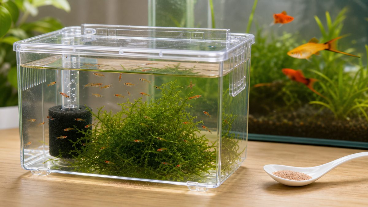 稚魚育成用の隔離容器とモスを使ったソードテール育成画像