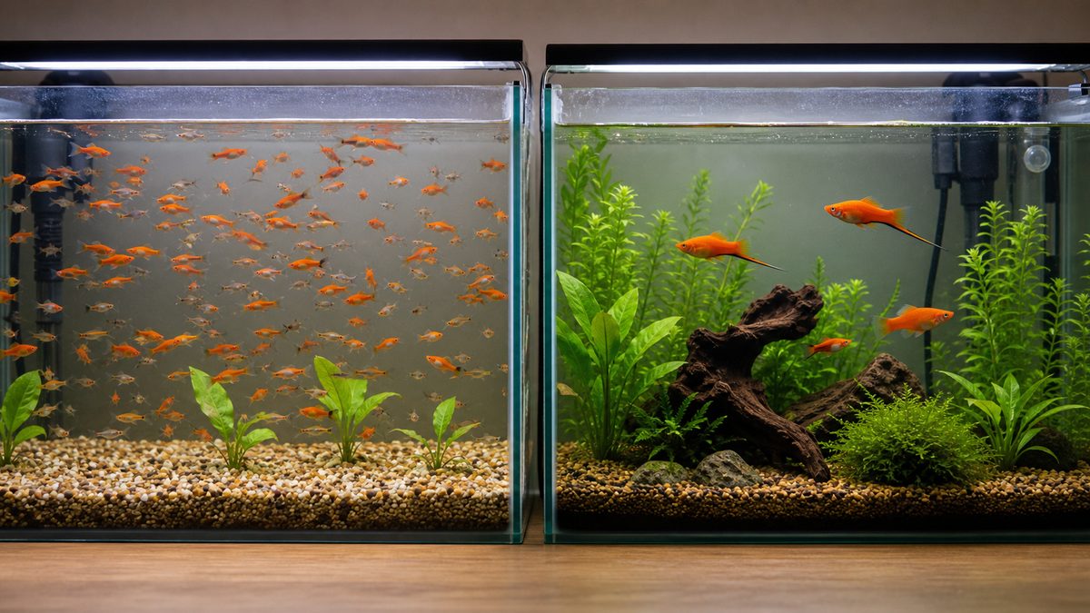 過密な水槽と適正な水槽を比較するソードテール飼育画像