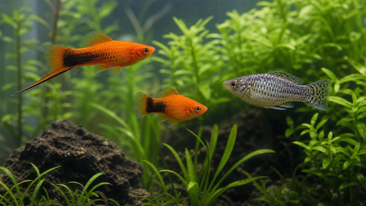 ソードテールとプラティとモーリーの体型差を比べる水槽画像