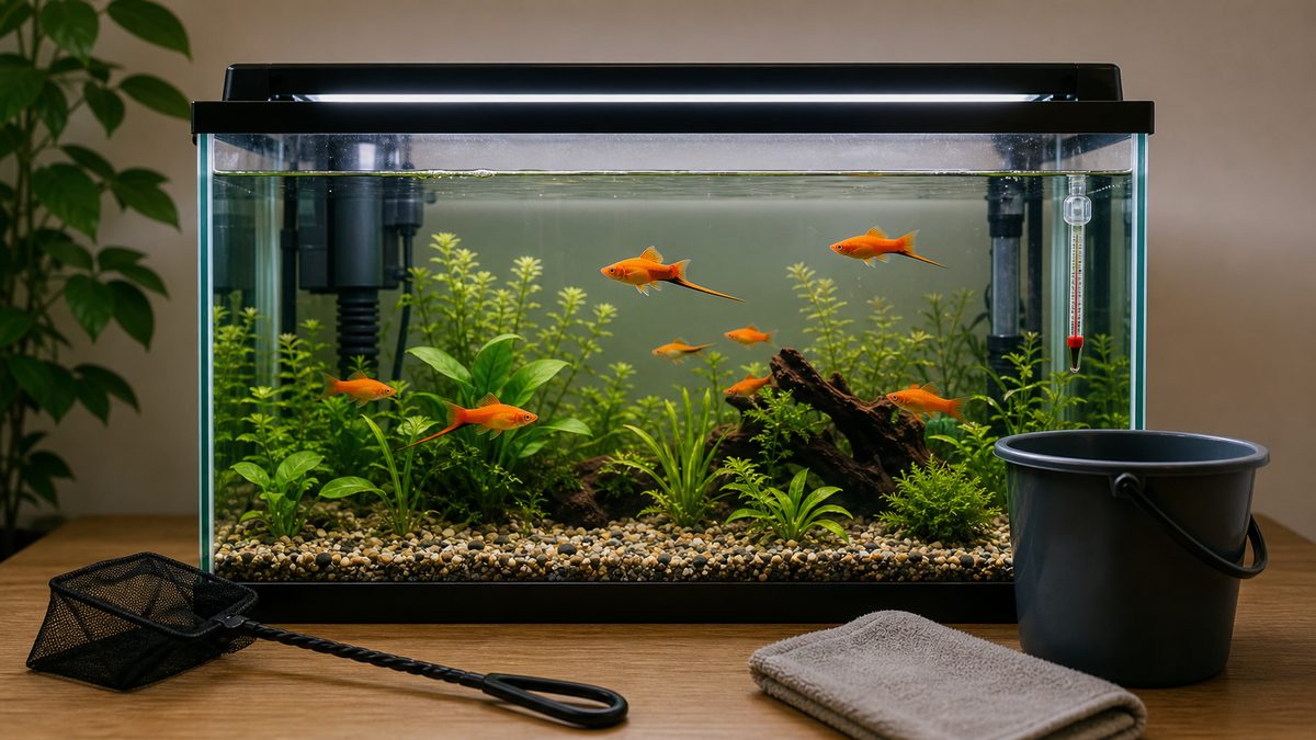 ソードテール水槽に必要な機材をそろえたセットアップ画像