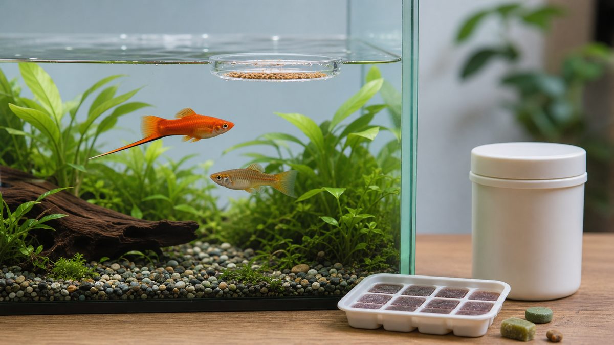 少量の人工飼料を食べるソードテールの給餌画像