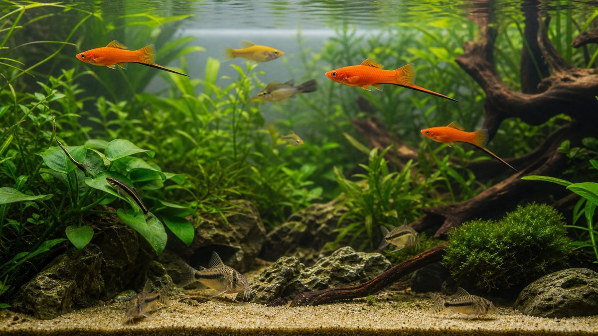 ソードテールと相性のよい魚を泳層別に配置した混泳水槽画像