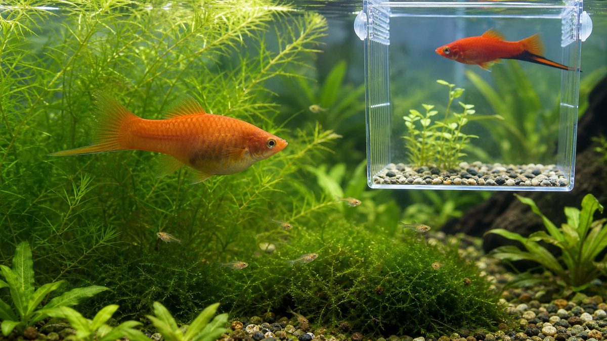 妊娠したメスと稚魚保護用ボックスを見せる繁殖画像