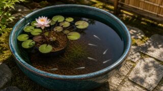青緑の睡蓮鉢でピンクの睡蓮とメダカを育てる屋外飼育のアイキャッチ