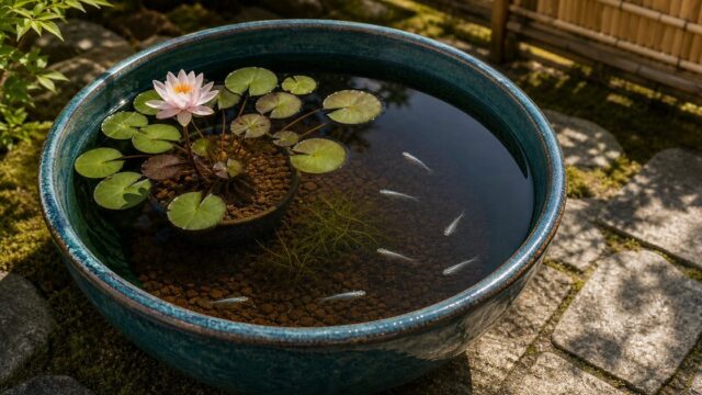 青緑の睡蓮鉢でピンクの睡蓮とメダカを育てる屋外飼育のアイキャッチ