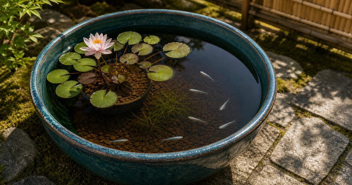 青緑の睡蓮鉢でピンクの睡蓮とメダカを育てる屋外飼育のアイキャッチ