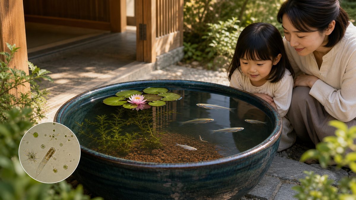 親子が睡蓮とメダカの睡蓮鉢を観察する庭の風景