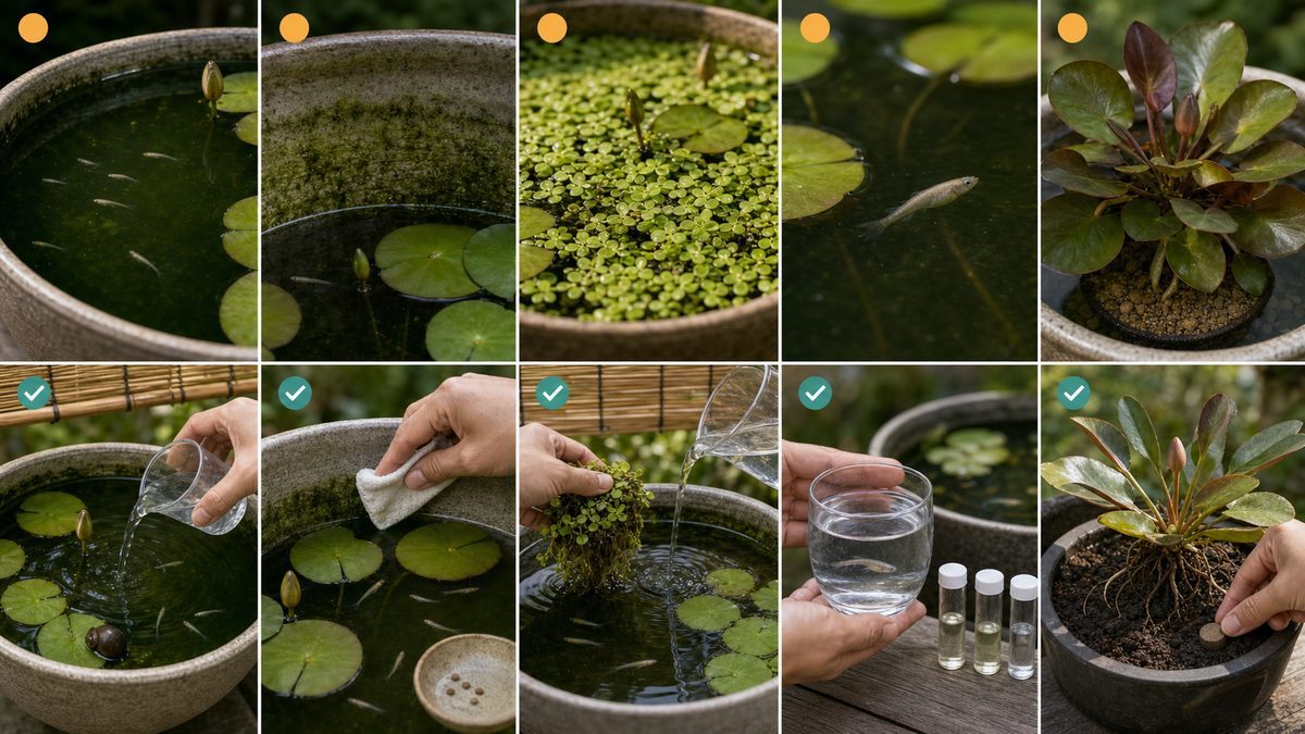 睡蓮鉢の緑水、コケ、浮き草の過繁茂、メダカの不調、睡蓮の花不足と対処法