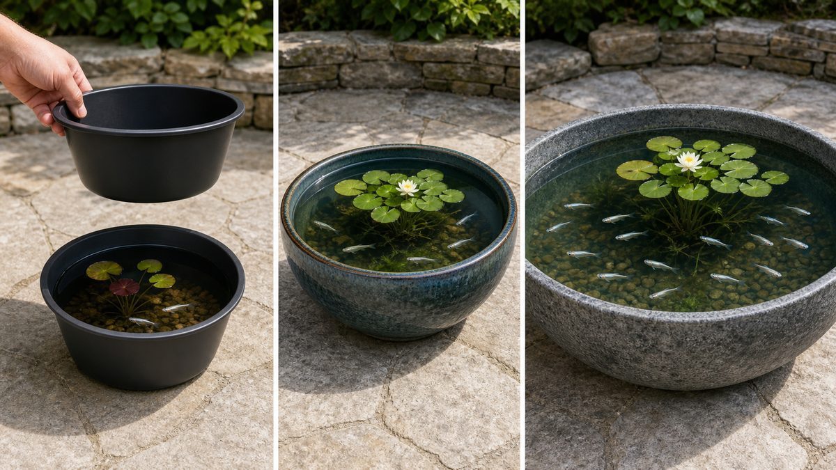 小型プラスチック・中型陶器・大型複合素材の睡蓮鉢比較